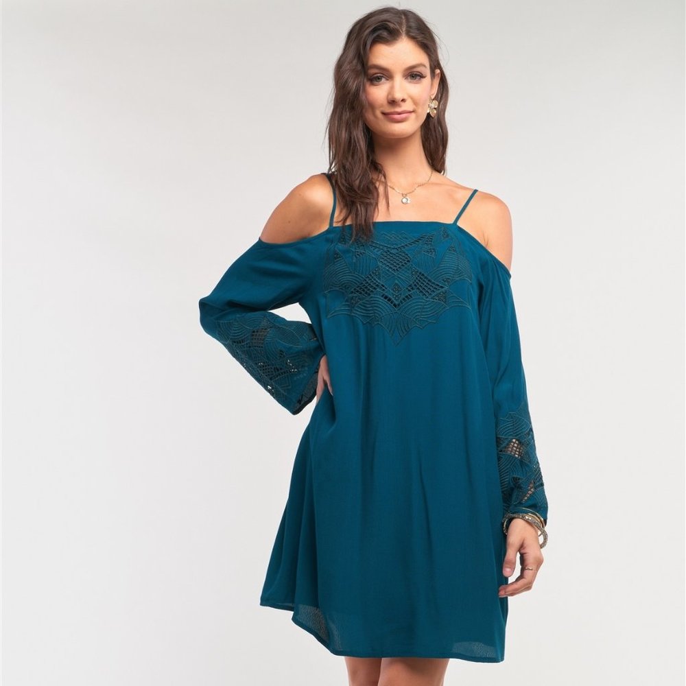 Teal Off-the-shoulder Flare Long Sleeve Dress